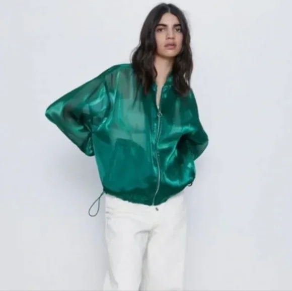 TEMPORARY PRICE REDUCTION EUC Zara Green sheer bomber style jacket Size XS - Picture 2 of 6